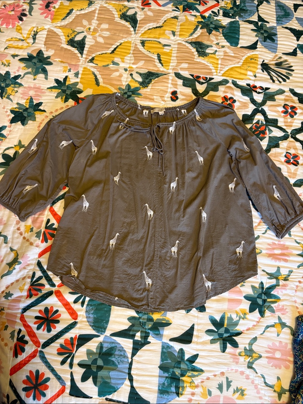 LOFT Brown Giraffe-Embroidered Peasant Blouse